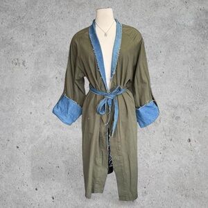 Chic Zara Green and Blue Denim Cotton Belted Kimono Coat Jacket- S/M/L maybe XL